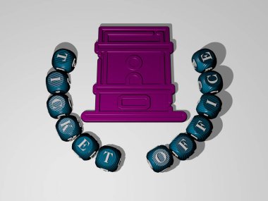 Duvarında ikon olan bilet gişesinin 3 boyutlu temsili ve ayna zemininde konsept ve slayt gösterisi sunumu için metalik kübik harflerle düzenlenmiş metin. Resim ve arkaplan