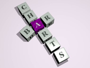 Ayna zemininde kübik harflerle düzenlenmiş BAR CHARTS bulmacaları, kavram anlamı ve sunum. arkaplan ve resimleme