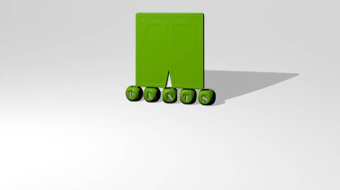 Duvarında simge ve ayna zemininde metalik kübik harflerle konsept ve slayt gösterisi sunumu için düzenlenmiş 3 boyutlu PANTS sunumu. arkaplan ve beyaz