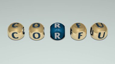 CORFU üst perspektiften kübik harflerle oluşturulmuş kombinasyonu, konsept sunumu için mükemmel. Yunanistan ve ada