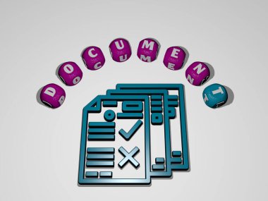 Duvarında simge olan belgenin 3 boyutlu temsili ve ayna zemininde konsept ve slayt gösterisi sunumu için metalik kübik harflerle düzenlenmiş metin. iş ve illüstrasyon