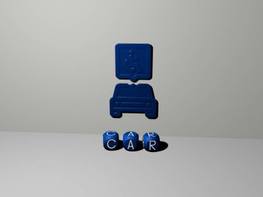 Arabanın dikey olarak üç boyutlu grafiksel görüntüsü ve üst perspektiften metalik kübik harflerle yapılmış metinler, konsept sunumu ve slayt gösterileri için mükemmel. Resim ve Otomatik