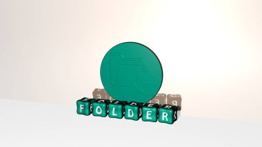 FOLDER 'ın duvarında simge ve ayna zemininde metalik küp harflerle konsept ve slayt gösterisi sunumu için düzenlenmiş 3D temsili. resimleme ve iş
