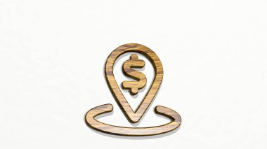 Duvardaki bir perspektiften nakit pin yarıçapı. Üç boyutlu metalik malzemelerden yapılmış kalın bir heykel. iş ve para