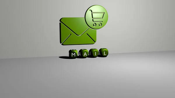 Представление Mail Иконкой Стене Текстом Упорядоченным Металлическими Кубическими Буквами Зеркальном — стоковое фото