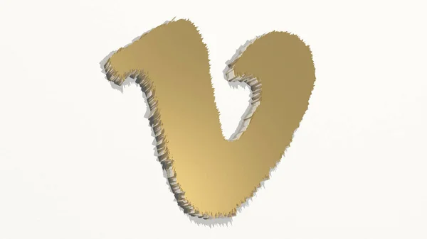 字母V是由三维插图制作的 描述了一个闪亮的金属雕塑在有明亮背景的墙上 设计和标志 — 图库照片