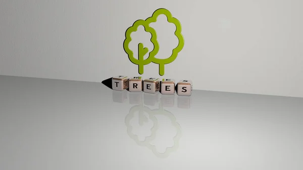 3D illustration of trees graphics and text made by metallic dice letters for the related meanings of the concept and presentations. background and beautiful