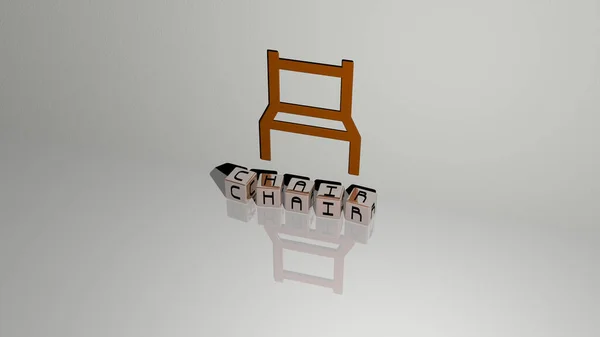 3D graphical image of chair vertically along with text built by metallic cubic letters from the top perspective, excellent for the concept presentation and slideshows. illustration and background