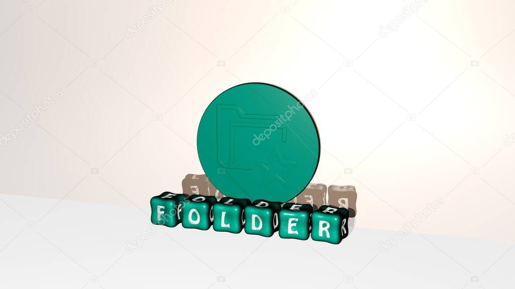 3D representation of FOLDER with icon on the wall and text arranged by metallic cubic letters on a mirror floor for concept meaning and slideshow presentation. illustration and business