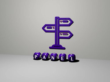 Duvarında simge olan panelin 3 boyutlu temsili ve kavram ve slayt gösterisi sunumu için ayna zemininde metalik kübik harflerle düzenlenmiş metin. arkaplan ve resimleme