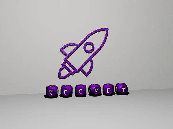 3D representation of rocket with icon on the wall and text arranged by metallic cubic letters on a mirror floor for concept meaning and slideshow presentation. illustration and space