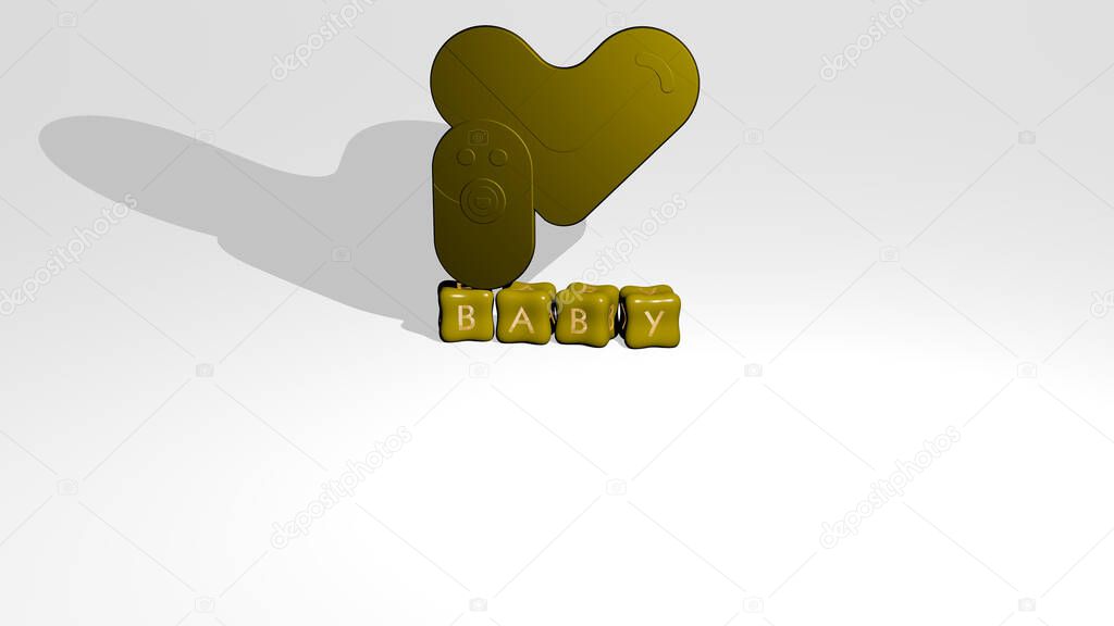 3D representation of BABY with icon on the wall and text arranged by metallic cubic letters on a mirror floor for concept meaning and slideshow presentation. cute and child