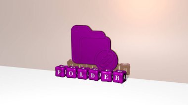 3D representation of folder with icon on the wall and text arranged by metallic cubic letters on a mirror floor for concept meaning and slideshow presentation. illustration and business clipart