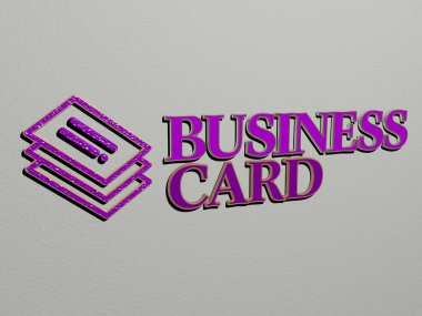 Duvarında ikon olan BUSINESS CARD 'nin 3 boyutlu temsili ve kavram ve slayt gösterisi sunumu için ayna zemininde metalik kübik harflerle düzenlenmiş metin. Resim ve arkaplan