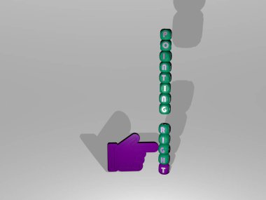 Duvarda bir simge ve ayna zemininde metalik kübik harflerle konsept ve slayt gösterisi sunumu için düzenlenmiş üç boyutlu bir gösterim. arka plan ve parmak