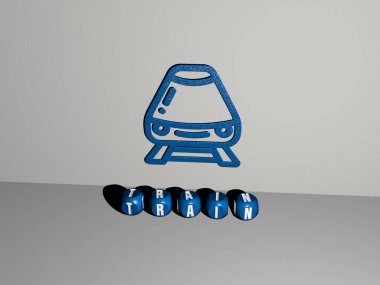 Konsept ve sunumların ilgili anlamları için metalik zar harflerinin oluşturduğu 3 boyutlu tren grafikleri ve metinlerinin çizimi. istasyon ve yazı işleri