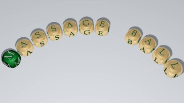 Üst perspektiften gelen kübik harflerle oluşturulan MASSAGE BALL kombinasyonu, konsept sunumu için mükemmel. bakım ve spa