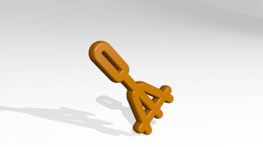 Bahçe kazma çatalı gölgeli duruyor. Metalik heykelin beyaz arka planda, yumuşak desenli üç boyutlu çizimi. yeşil ve tarım