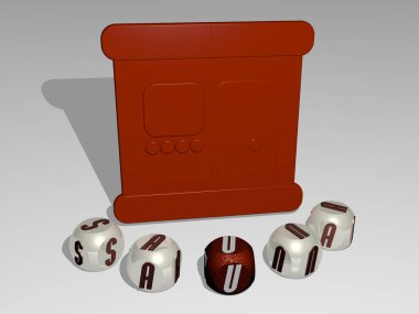 Saunanın dikey olarak 3B grafiksel görüntüsü ve üst perspektiften metalik kübik harflerle simgenin etrafına inşa edilmiş yazı, konsept sunumu ve slayt gösterileri için mükemmel. Banyo ve