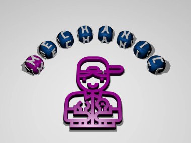 MECHANIC 'in duvarında simge ve ayna zemininde metalik kübik harflerle konsept ve slayt gösterisi sunumu için düzenlenmiş üç boyutlu temsili. araba ve otomatik