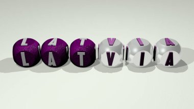 Üst perspektiften gelen kübik harflerle oluşturulan LATVIA kombinasyonu, konsept sunumu için mükemmel. riga ve şehir