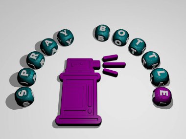 Duvarında ikon olan sprey şişesinin 3 boyutlu temsili ve ayna zemininde konsept ve slayt gösterisi sunumu için metalik kübik harflerle düzenlenmiş metin. arkaplan ve resimleme