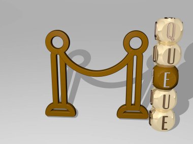 QUEUE grafiklerinin 3D çizimi ve konsept ve sunumların ilgili anlamları için metalik zar harflerinin oluşturduğu simgenin etrafındaki metin. İnsanlar bekliyor.