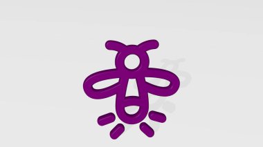 Uçan böcek güvesi gölgeli durur. Metalik heykelin beyaz arka planda, yumuşak desenli üç boyutlu çizimi. mavi ve hava