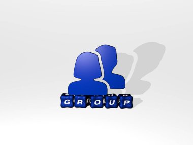 GROUP grafiklerinin 3 boyutlu çizimi ve bu kavramın ve sunumların ilgili anlamları için metalik zar harflerinin oluşturduğu metin. arka plan ve insanlar