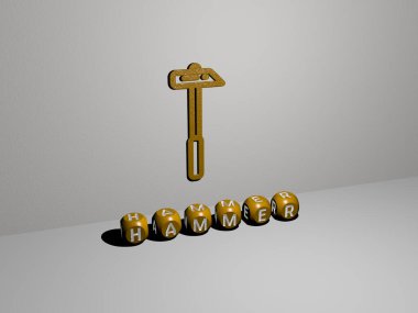 HAMMER grafiklerinin 3 boyutlu çizimi ve konsept ve sunumların ilgili anlamları için metalik zar harflerinin oluşturduğu metin. arkaplan ve yapı