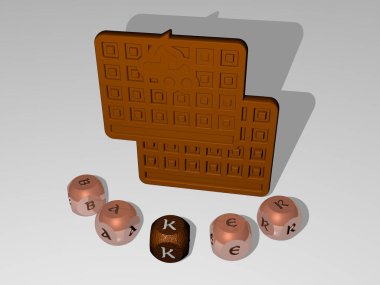 Konsept ve sunumların ilgili anlamları için metalik zar harflerinin oluşturduğu simge etrafında yapılan fırıncı grafikleri ve metnin 3B çizimi. Fırın ve ekmek.