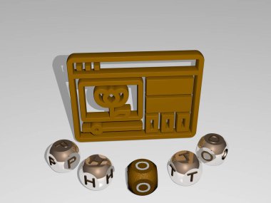 Duvarında simge olan PHOTO 'nun 3 boyutlu temsili ve kavram ve slayt gösterisi sunumu için ayna zemininde metalik kübik harflerle düzenlenmiş metin