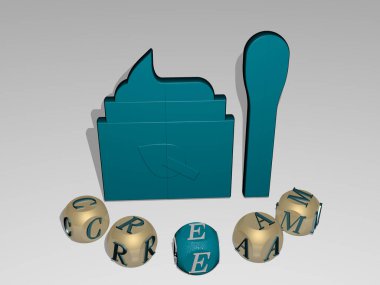 En üst perspektiften metalik kübik harflerle ikonun etrafına inşa edilen metinle birlikte, kremanın dikey olarak üç boyutlu grafiksel görüntüsü, konsept sunumu ve slayt gösterileri için mükemmel. arkaplan