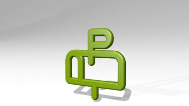 Posta kutusu gölgeli duruyor. Metalik heykelin beyaz arka planda, yumuşak desenli üç boyutlu çizimi. harf ve iletişim