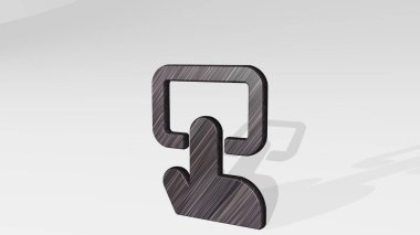 TOUCHPAD FINGER, ışık arka planında parlayan metalik bir heykel gölgesinin 3 boyutlu çiziminden yapılmıştır. tablet ve bilgisayar