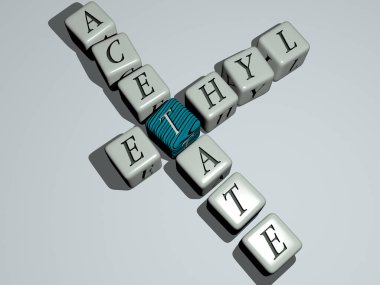 Şarap kombinasyonu: Üst perspektiften gelen kübik harflerle inşa edilen ETHYL ACETATE, konsept sunumu için mükemmel