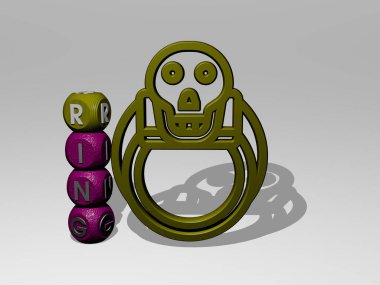 RING 'in duvarında simge ve ayna zemininde metalik kübik harflerle konsept ve slayt gösterisi sunumu için düzenlenmiş üç boyutlu temsili. arkaplan ve resimleme