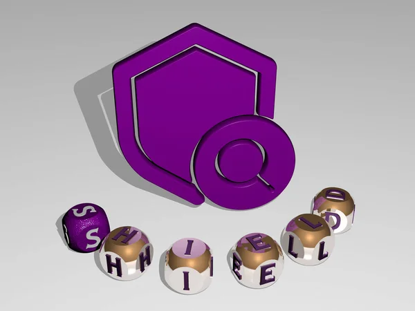 Rappresentazione Shield Con Icona Sulla Parete Testo Disposto Lettere Cubiche — Foto Stock