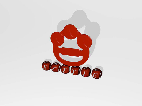 3D representation of RATTLE with icon on the wall and text arranged by metallic cubic letters on a mirror floor for concept meaning and slideshow presentation. baby and illustration