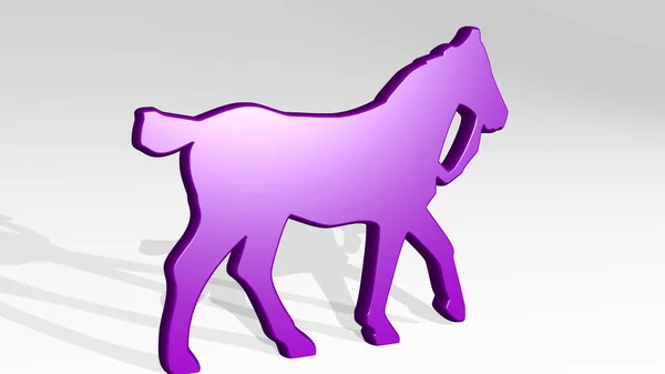 HORSE made by 3D illustration of a shiny metallic sculpture with the shadow on light background. animal and beautiful