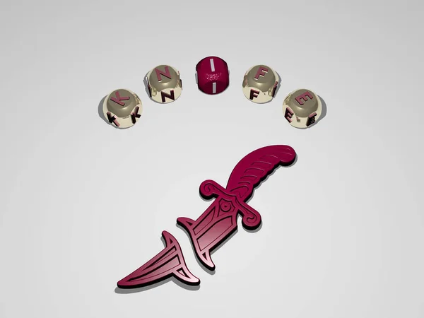 Grafický Obraz Nože Svisle Spolu Textem Kolem Ikony Kovovými Krychlovými — Stock fotografie