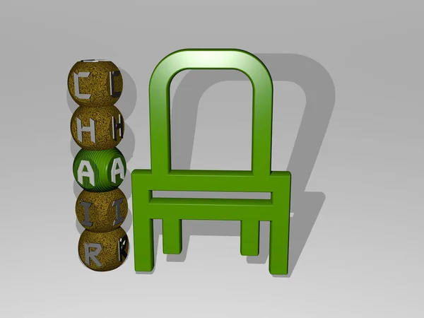 从顶部的角度 用金属立方体字母将椅子的三维图形与图标周围的文字垂直地连接起来 优秀的概念演示和滑行 — 图库照片
