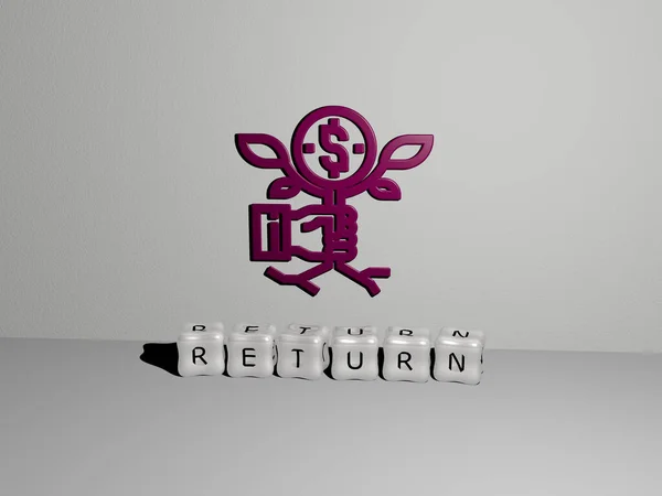 3D representation of RETURN with icon on the wall and text arranged by metallic cubic letters on a mirror floor for concept meaning and slideshow presentation. illustration and business