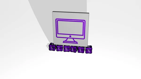 Представление Экрана Иконкой Стене Текста Расположенного Металлическими Кубическими Буквами Зеркальном — стоковое фото