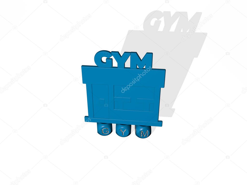 3D illustration of GYM graphics and text made by metallic dice letters for the related meanings of the concept and presentations. fitness and exercise