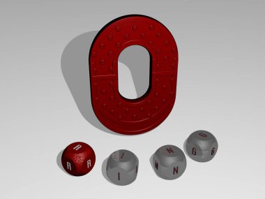 Konsept ve sunumların ilgili anlamları için metalik zar harflerinin oluşturduğu simgenin etrafında 3D halka grafikleri ve metin çizimi. arkaplan ve tasarım