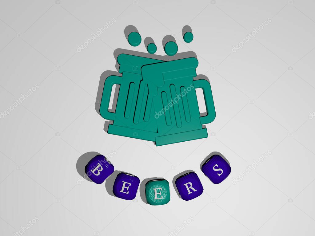 Representación 3D de cervezas con icono en la pared y texto dispuesto