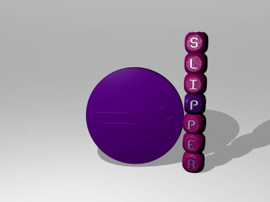 SLIPPER dikey olarak 3B grafik resim ve üst perspektiften metalik kübik harflerle simge etrafında inşa edilmiş metin. Konsept sunum ve slayt gösterileri için mükemmel. arkaplan