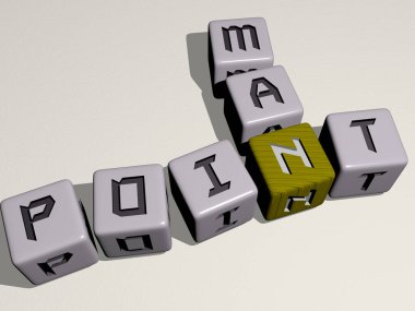 Noktalı Adam 'ın bulmacaları ayna zemininde kübik harflerle sıralanmış, kavram anlamı ve sunum. Resim ve arkaplan