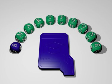 Üst perspektiften metalik kübik harflerle simgenin etrafına inşa edilen metinle birlikte SMARTPHONE 'un dikey olarak 3B grafik resmi, konsept sunumu ve slayt gösterimi için mükemmel.